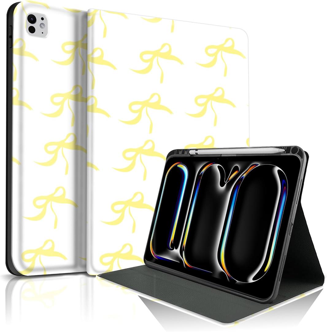 TopPerfekt for iPad Pro 11 Inch M4 2024 (5th Generation) Case, Yellow Bow tie Cute Chic Adorable with Auto Wake/Sleep Pencil Holder for Kids, Boys, Girls, Anti-Slip- Anti-Shock, White - Yellow Bow