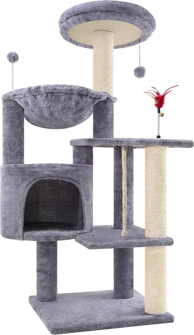 TWDEPART 42.5'' Cat Tree for Indor Cats, Multifunctional Cat Tower with Cozy Condo, Perches, Scratching Posts and Hammock, Grey