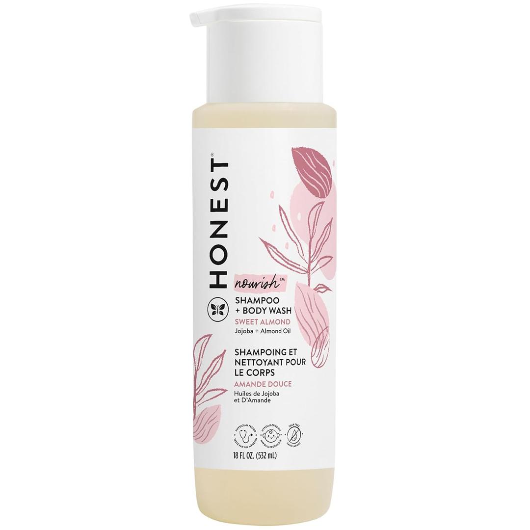 The Honest Company 2-in-1 Cleansing Shampoo Body Wash Gentle for Baby, Naturally Derived Tear-free, Hypoallergenic, Sweet Almond Nourish, 18 fl oz