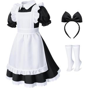 Irtysh Girl Blue Dress White Apron Halloween Cosplay Costume With Bow Hair Band Stockings Set (Black)