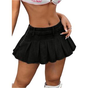 BEAUDRM Women's Y2K Low Waist Pleated Denim Skirt Zipper Raw Hem Mini Skirt Casual Ruffle Jean Skirt XS