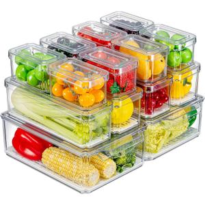 14 Pack Fridge Organizer, Stackable Refrigerator Organizer Bins with Lids, BPA-Free Produce Fruit Storage Containers for Storage Clear for Kitchen, Food, Drinks, Vegetable Storage