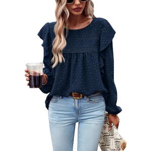 PRETTYGARDEN Women's Long Sleeve Shirts Ruffle Swiss Dot Crochet Loose Fit Tunic Dressy Casual Tops Blouses Spring Fashion (XS)