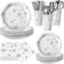 210 Pcs Winter Snowflake Paper Plates and Napkins Set Winter Wonderland Birthday Party Supplies Disposable Tableware Snowflake Plates Napkin Cup Knife Fork Spoon Party Decorations (Silver)