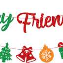 PTFNY Merry Friendsmas Banner Christmas Banner with Glittery Snowflake Hat Stockings Signs Friendsmas Decor Friends Themed Christmas Party Decorations for Wall Fireplace Party Decor Supplies