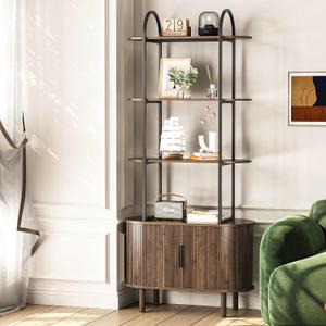 71" Tall Mid-Century Display Shelf Bookshelf with Sliding Tambour Doors, 4-Tier Freestanding Vinyl Record Player Stand Fluted Storage Cabinet for Living Room, Bedroom, Home Office