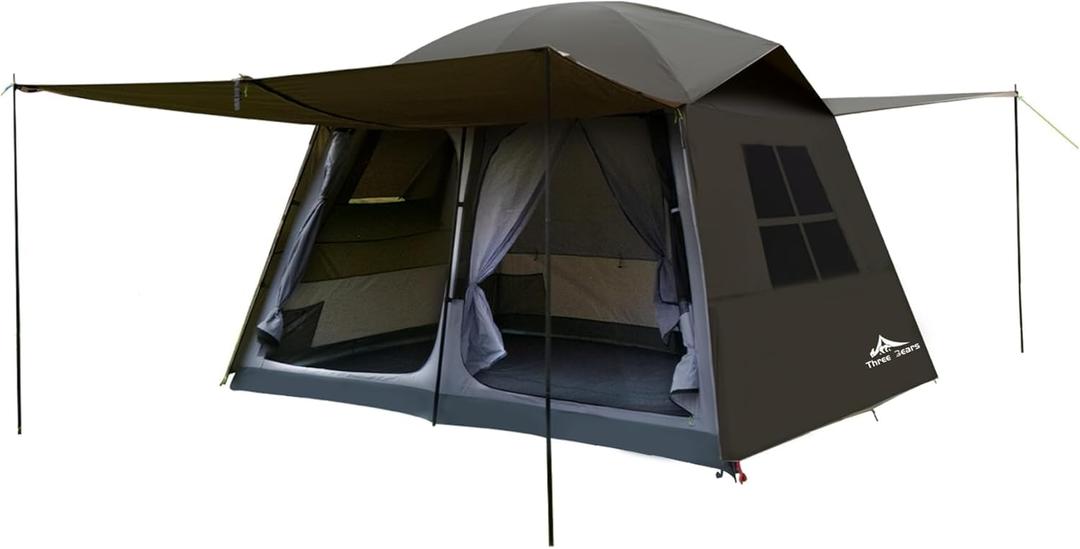 Three Bears 6-Person Tent, 3000mm Waterproof Double-Layer Tent with Room Dividers, Family Tent with Color-Coded Connection Buckles, Front and Rear Vestibules Can Be Set Up as Sunshade Canopies (Dark Green)