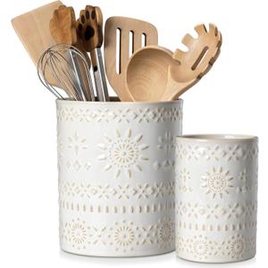 LOVECASA Utensil Holder, 7.2"+5.4" Ceramic Utensil Holder for Countertop, Large Cooking Utensil Crocks for Kitchen Counter, Farmhouse Utensil Vase for Housewarming, Kitchen Decor, Set of 2, Oasis