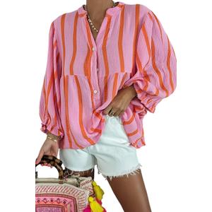 Maketina Womens Puff Sleeve Babydoll Tops Casual V Neck Striped Shirts Cotton Cute Loose Fit Flowy Blouse XL