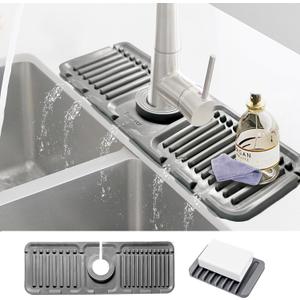 Daily Treasures 2Pack 13"x4.7" Silicone Faucet Splash Guard & Soap Dish, 5 Large Slope Sink Splash Guard, Kitchen Sink Splash Guard Sink Faucet Mat for Bashroom Kitchen Sink (Grew)