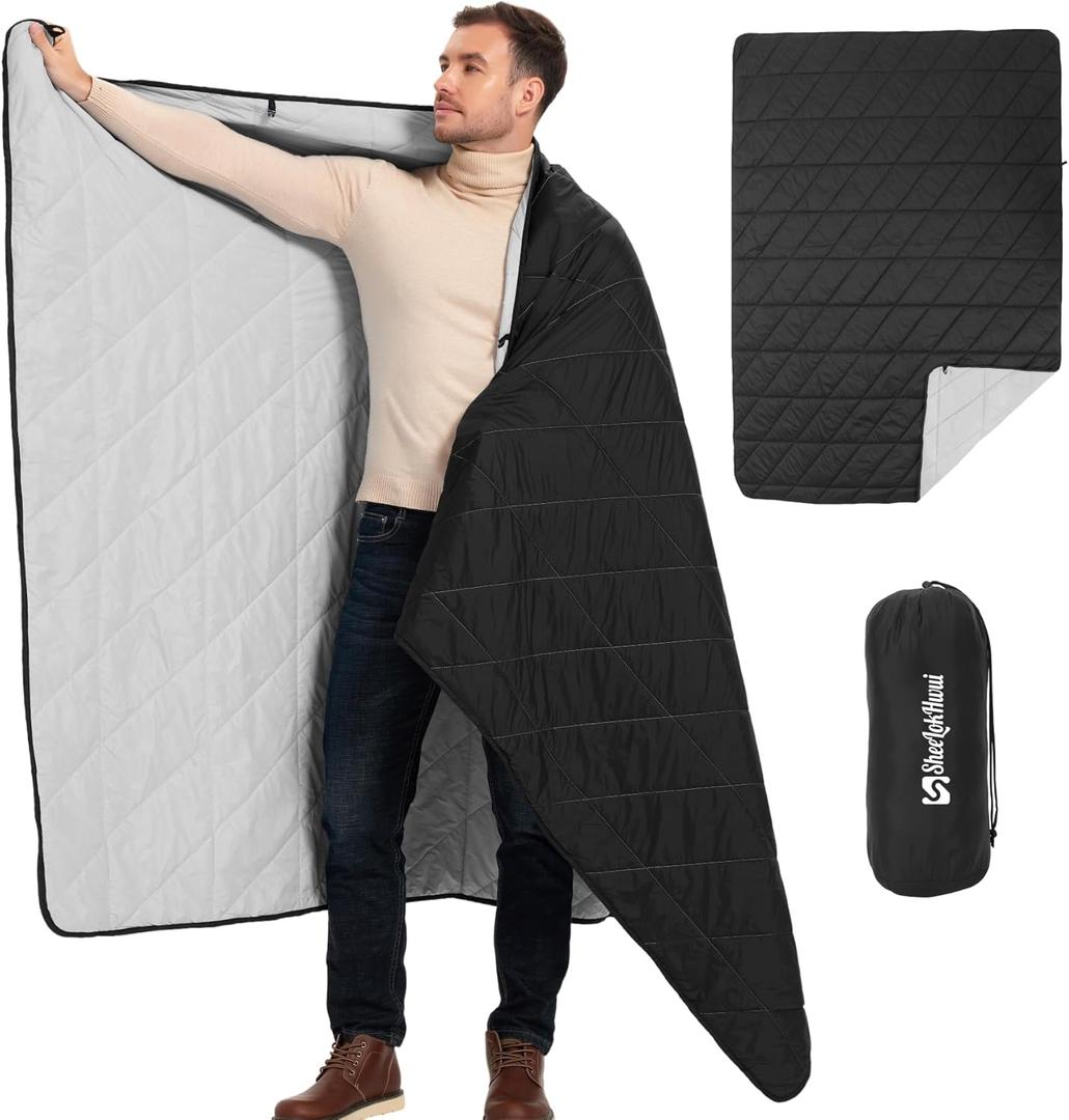 Ultralight Puffy Blanket, Outdoor Camping Blanket, Water-Resistant and Packable, Great for Camping, Stadium, Traveling, Backpacking, Picnic and Beach. 79"x55". Black.