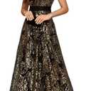 Sleeveless Glitter Sequined Womens Long Formal Gown Aline Prom Dress for Anchorwoman Floor Length Evening Dress (Large, Black Gold)