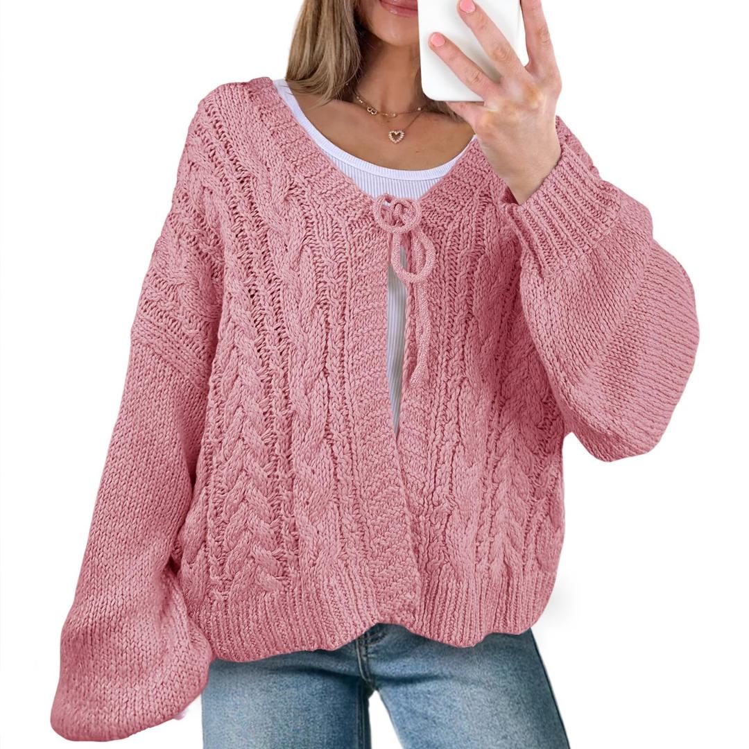 Saodimallsu Womens Tie Front Cardigan Sweaters Cable Knit V Neck Lantern Long Sleeve Casual Loose Sweater Coats Pink (Purple)