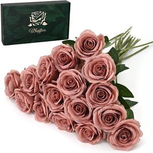 Waipfaru 16 Pcs Artificial Flowers Fake Silk Dusty Roses, Faux Real Touch Roses Bouquet with Long Stem for Wedding Party Home Decor (Dusty Rose)