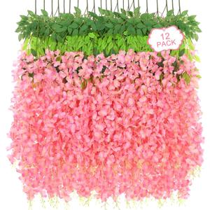 12Pcs Artificial Wisteria Hanging Flowers, 3.6Ft/Pcs Deep Pink Fake Wisteria Garland for Wedding Party Home Garden Indoor Outdoor Decoration