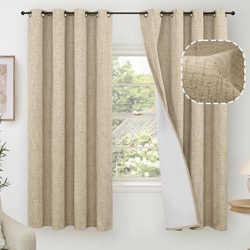Lajode Faux 100% Blackout Curtains for Bedroom 63 Inch Length 2 Panels, Thermal Insulated Total Light Blocking Noise Reducing Linen Window Curtains for Nursery, Bronze Grommet, Each 52" Wide, Burlap