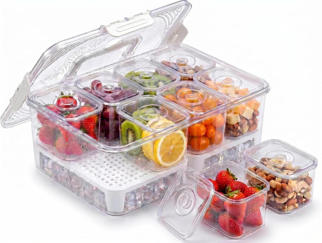 Chilled Snackle Box Container with Ice Tray - 8 Compartment Serving Tray with Lid & Handle, Leak-Proof & Odor-Free Snack Box, Portable Cold Food Platter for Picnic, Party, Travel, Road Trip, 1 pcs 8 compartments with ice cube tray