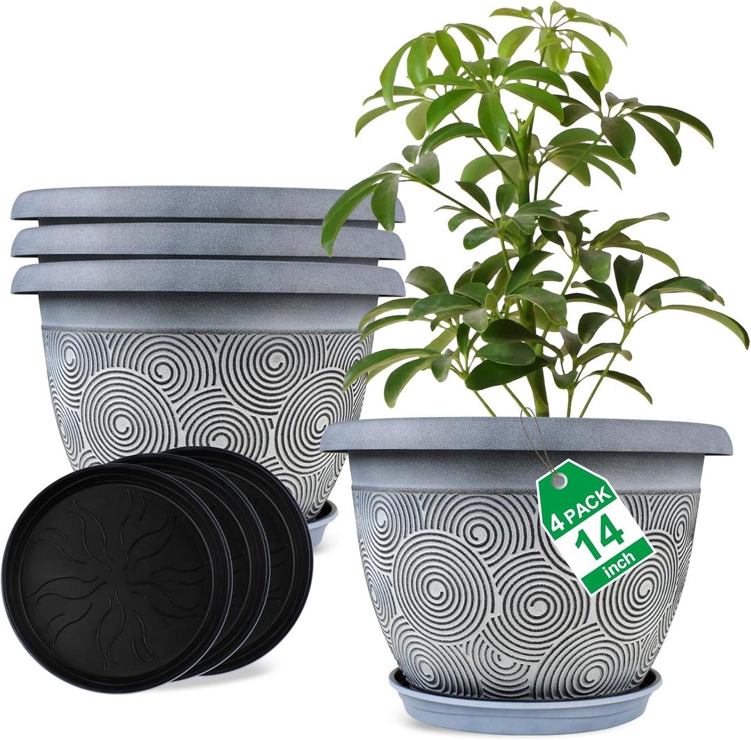 Fodetyff 14 Inch Large Planter Pot for Plants Indoor Outdoor, 4 Pack Plastic Flower Pots with Drainage Hole & Tray, Modern Decorative Garden Pot with Saucer, Plant Container for House
