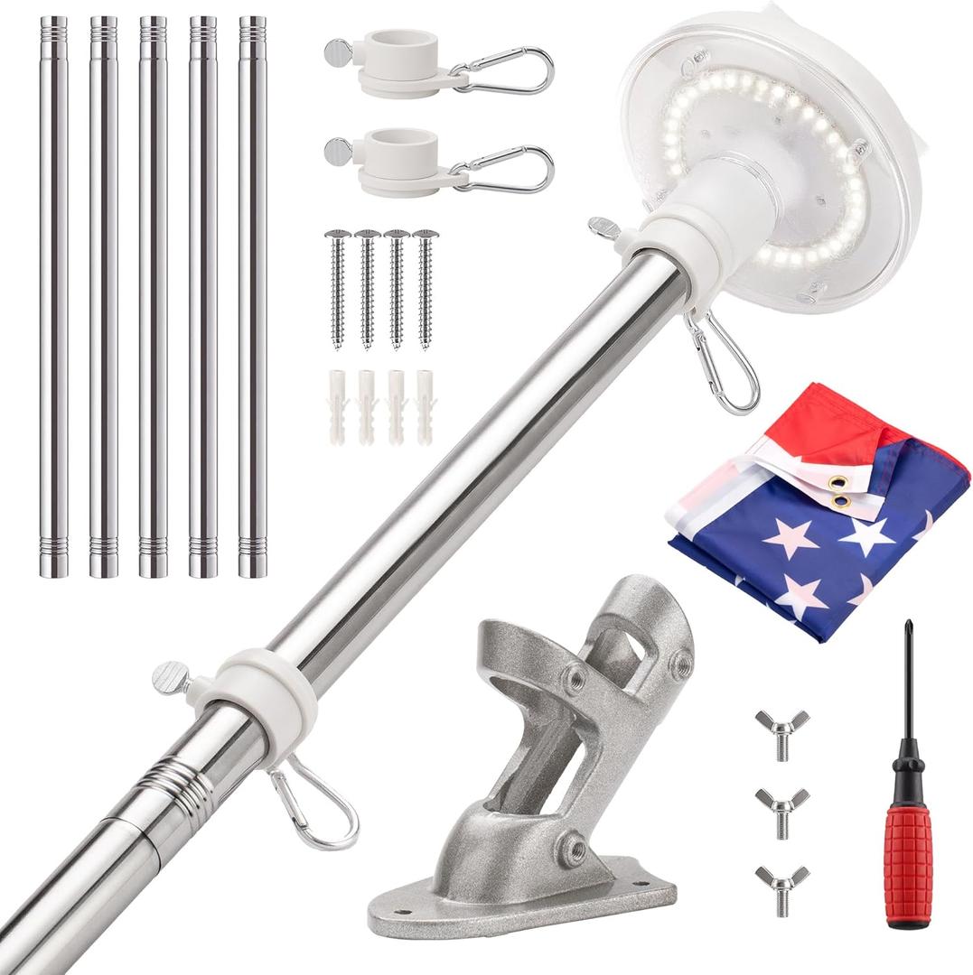 6 Ft Flagpole Kit with Solar Light and 3x5 American Flag, 1" Stainless Steel Flag Pole for Outside House, Wall Mounted, Adjustable Holder, Tangle-Free Rings, Silver, 36 LED
