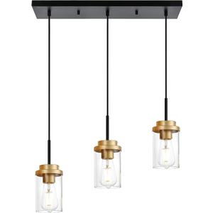 MELUCEE 20.5 Inches Dining Room Light Fixture Hanging 3-Lights Kitchen Pendant Light Fixture Over Island Black Ceiling Hanging Lamp with Clear Glass Shade, Gold Socket, 3 Lights-1 Pack Linear