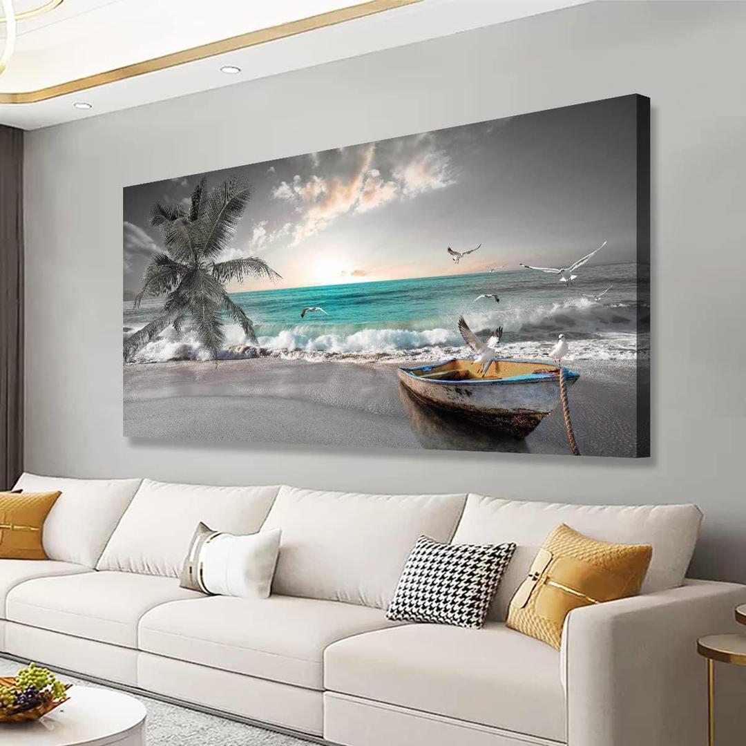 Beach Sea Wave Pictures Canvas Wall Art For Living Room Bedroom Wall Decor,Sea Wave Wall Art Print Paitnings For Home Decor,Morden Artwork Palm Boat Canvas Art Waterproof Ready To Hang-28x57 Inches