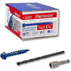 FixMaster 3/16 x 1-1/4" Hex Head Blue Concrete Screw Anchors (80 pcs Screw Kit) with one Screwdriver and Drill Bit for Concrete, Masonry, Block, Brick and Wood Fastening FixMaster 3/16 x 1-1/4" Hex Head Blue Concrete Screw Anchors (80 pcs Screw Kit) with one Screwdriver and Drill Bit for Concrete, Masonry, Block, Brick and Wood Fastening