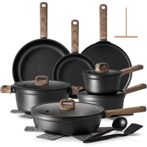 SENSARTE 20Pcs Nonstick Pots and Pans Set, Black Titanium Non Stick Cookware Set, Healthy Kitchen Cooking Set, Induction Compatible, Dishwasher Safe, PFOA/PFOS Free