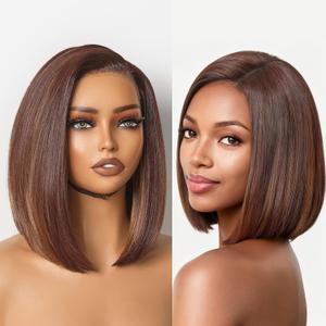 GORGIUS Chestnut Brown Caramel Highlights Bob Lace Front Wig Glueless Straight Short Wigs Upgrade with Human-Hair-Like Sythetic Hair Pre Cut Pre Plucked Side Part Hairline 12 Inch