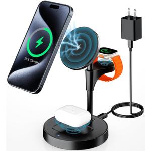 KPON for Magsafe Wireless Charging Station, 15W Fast Magnetic 3 in 1 Wireless Charger Stand, Multiple Devices Dock for iPhone 16 15 14 13 12 /Apple Watch/AirPods (with PD 20W Adapter) (Carbon Black)