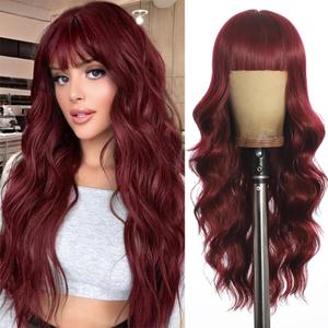 Wine Red Wigs with Bangs for Women Long Wine red Wavy Wigs 26IN Natural Synthetic Wig for Daily Party Use(Wine Red)