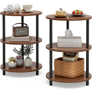 Small Round End Table - 3 Tier Design Accent Table, Narrow Side or Bedside Stand, Industrial Vintage Nightstand for Bedroom, Living Room, or Small Spaces, Set of 2, Rustic Walnut