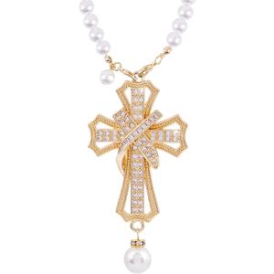 Car Rear View Mirror Hanging Cross Charm, Christian Car Accessories, Rearview Mirror Accessories, Cross for Car, 18K Gold Plated Brass with CZ Crystals & Pearl Beads, Faith Gift for Drivers Safe Travel