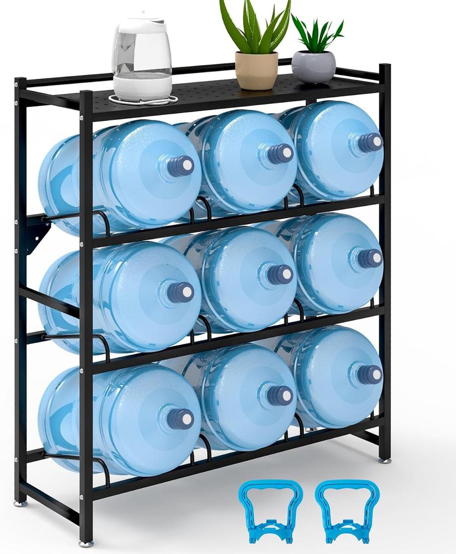 5 Gallon Water Jug Holder Heavy Duty4-Tier Water Jug Rack w/Top Shelf, Wall Mount Water Bottle Holder for 9 Bottles, Powder Coated Water Rack Stand for Home, Office, Restaurant, Gym.