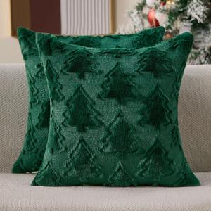 Christmas Pillow Covers 18x18 Set of 2 Green Double Christmas Tree Decorations Pillow Covers Soft Plush Faux Fur Decor for Xmas Winter Holiday Home Bedroom Sofa Cushion Cases PT-016A18