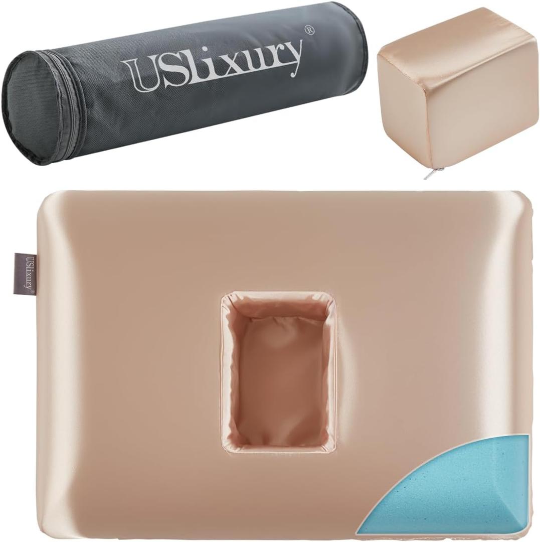 USlixury Ear Piercing Pillow with Foam Plug, Ear Pillow with Off Center and 4.7"X3.2" Ear Hole, Soft CertiPUR-US Memory Foam, Piercing Pillow for Side Sleepers, Satin, Champagne, 16"X11"X4''