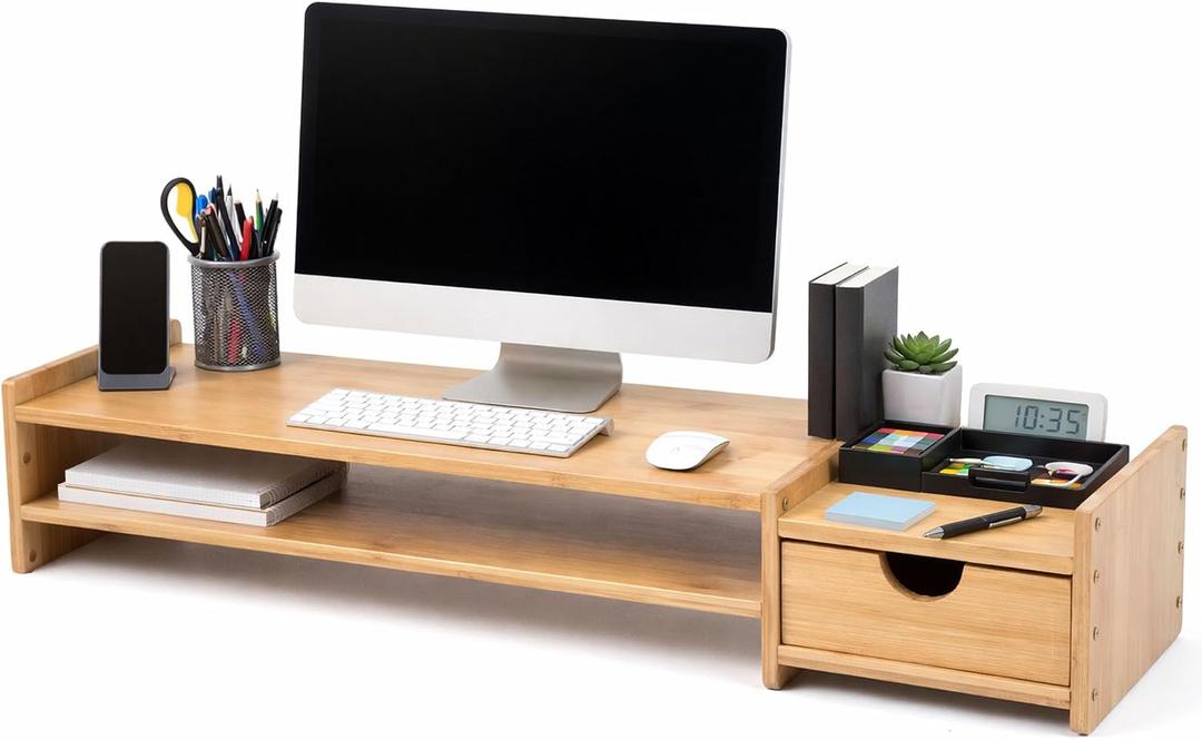 Bamboo 2-Tier Monitor Stand Riser with Drawers, Desktop Organizer for Laptop, Computer, Printer, Cellphone - Reduce Neck & Eye Strain, Office & Home Use