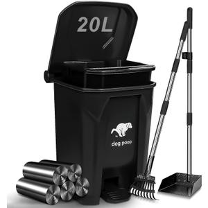 Dog Poop Trash Can Outside with Pooper Scooper, 20L/5Gal Dog Waste Trash Can with Lid, Pedal and Removable Inner Bin, Dog Poop Bin with Metal Rake & Tray and 100 Bags
