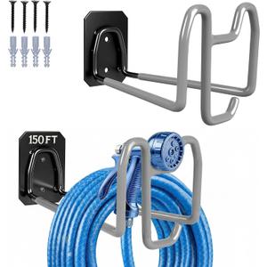 2pcs Garden Hose Holder with Tool Hook - Heavy Duty Water Hose Reel with Nozzle Storage Design, Wall Mount Hose Hanger Water Hose Holders for Outside Yard Storage