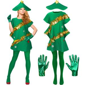 4 Pcs Christmas Tree Costume Set for Women Xmas Outfit Dress Christmas Tree Hat Short Satin Gloves Green Tights