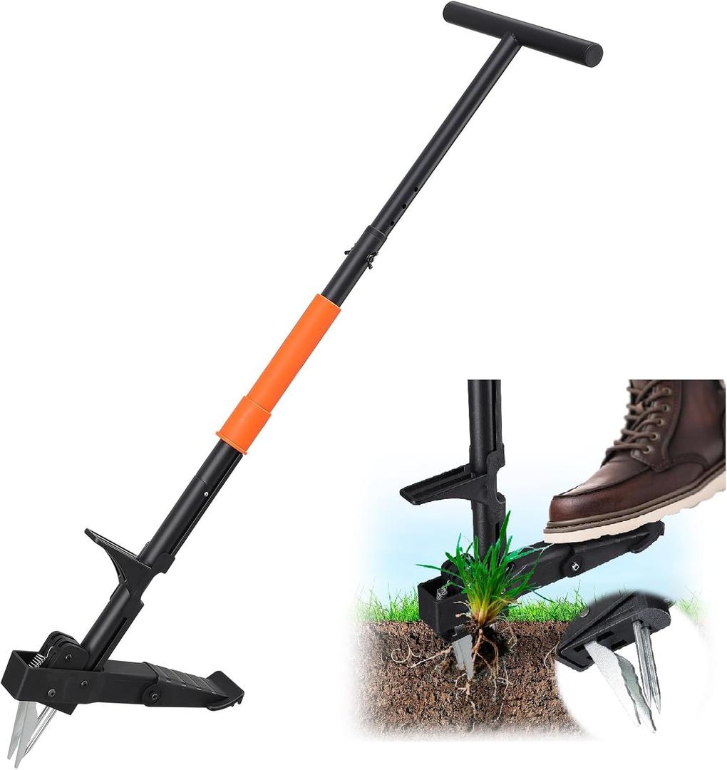 Lilyvane Stand Up Weed Puller with Foot Pedal & Quick-Release Ejector 41" Adjustable T-Handle, 4-Claw Steel Head Remove Weeds Root Without Bending or Kneeling Effortless Garden Weeding Tool