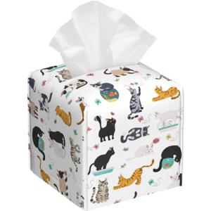 Cat Theme Tissue Box Holder Paper Organizer, PU Leather Tissue Case Cover, Cat Decor for Bathroom, Kitchen, Car