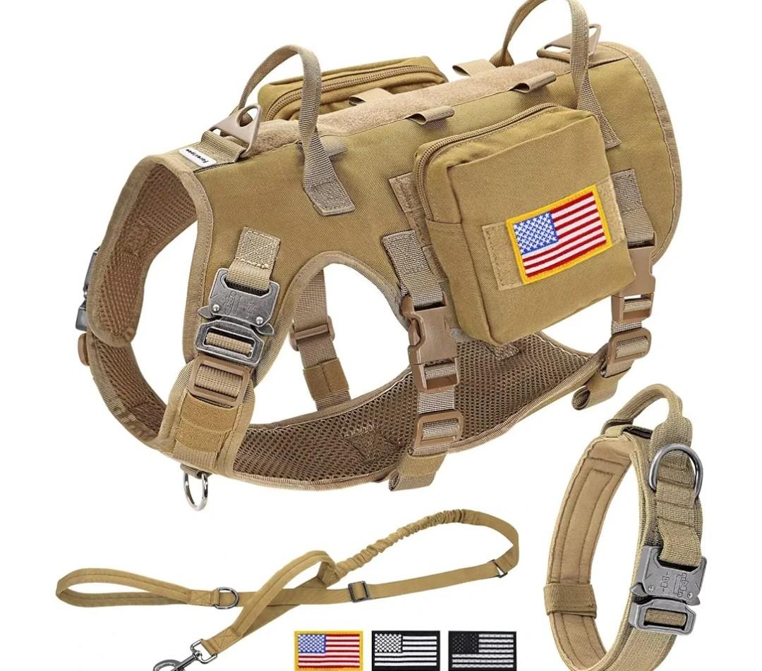 Forestpaw Tactical Dog Harness for Large Dogs,Tactical Dog Collar with Bungee Leash Set,No Pull Military Dog Harness for Walking Training,Adjustable for Medium Large Dogs,Khaki,Chest 22-35"