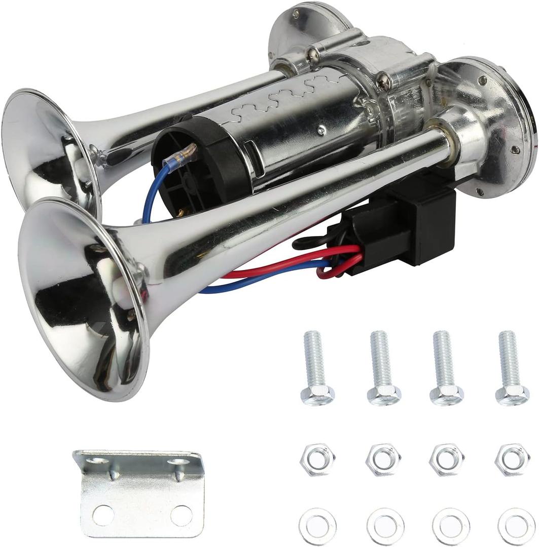 600DB Super Loud Dual Electric Air Horns Kit for Vehicles - With Compressor, Applicable for Cars, SUVs, Trucks, Boats (Sliver) (Silver)