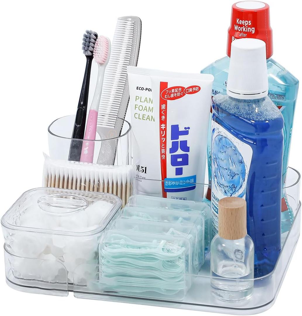 FABROK Bathroom Organizer and Storage, Plastic Toothbrush and Toothpaste Holder, Countertop Vanity Organizer for Hair Brushes, Makeup Supplies, Perfume (Clear)
