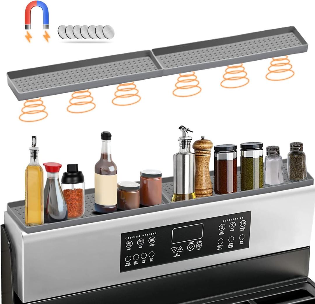 BFONS 30" Magnetic Stove Top Shelf Spice Rack Storage, Silicone Top Heat Material Stove Rack Shelf Flexible Seasoning Organizer Kitchen Shelves Gadgets with 2 Functional Prtitions for Kitchen Grey