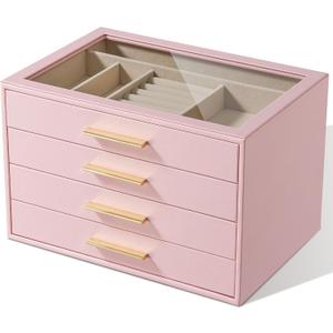 pickpiff Jewelry Box Organizer Case for Women: 4-Layer Jewelry Storage Case with Glass Window, Pink Leather with Velvet Holder for Ring Necklace Bracelet Brooch Watch, Great Gift for Her