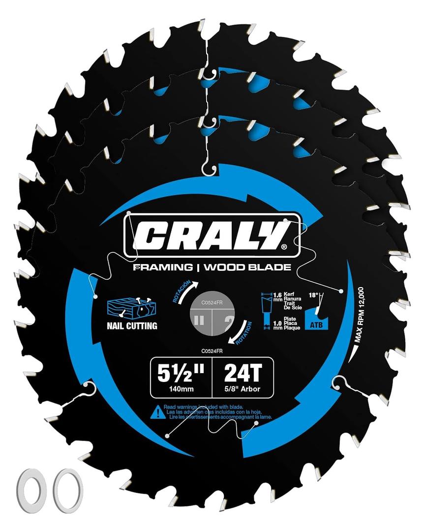 CRALY 5-1/2 Inch 24 Teeth Wood Cutting Framing Circular Saw Blade, 5/8 Inch Arbor, Carbide Tipped, Thin Kerf, Black Ice Coating, for Plywood, MDF, OSB, Laminated, 3-Pack(C0524FR-3)
