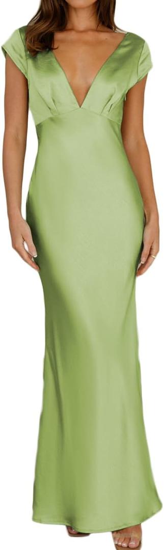 Halfisland Womens Summer Satin V Neck Cap Sleeve Backless Maxi Dress Elegant Twist Cut Out Midi Dresses Wedding Guest, XS