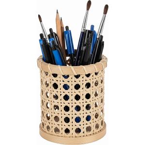 Rattan Pencil Holder, Handwoven Openwork Pen Cup for Desk, White Cane Woven Pencil Cup Organizer, Boho Rustic Office Decor, 1-Pack