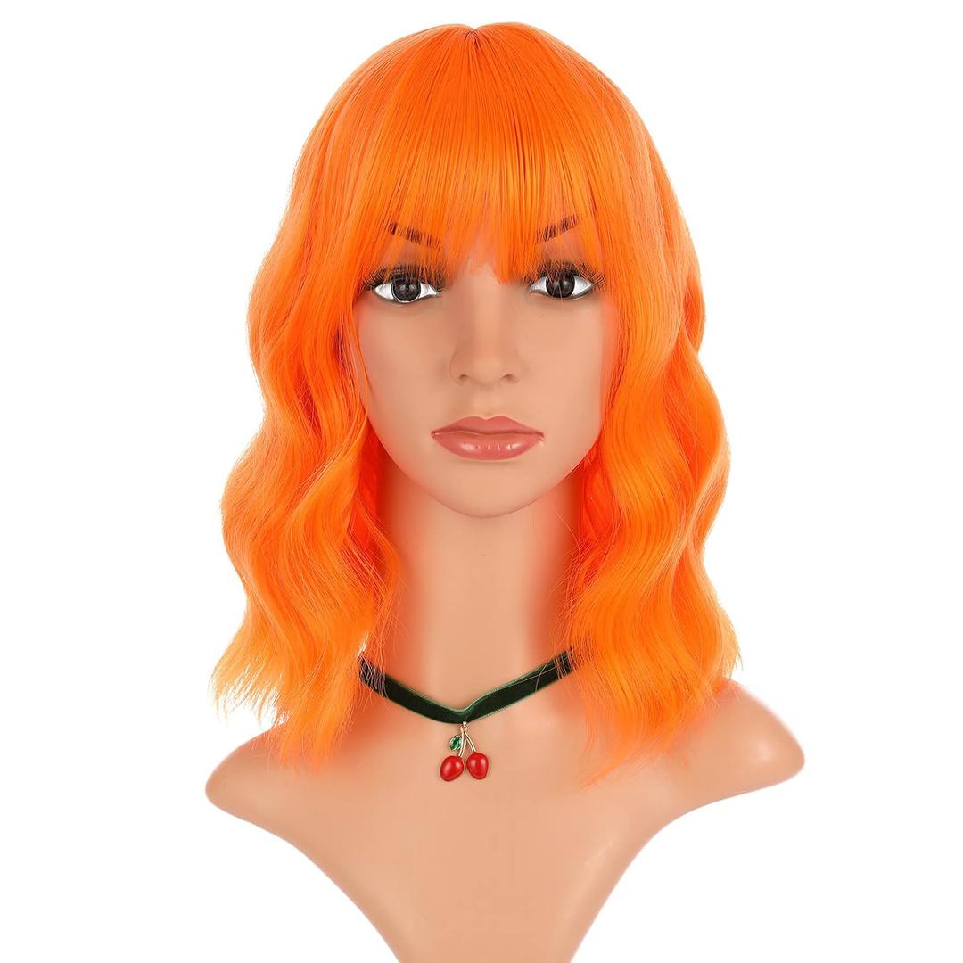 eNilecor Orange Wig, Curly Wavy Colorful Color Colored Wigs with Air Bangs for Women, Natural Synthetic Short Bob Wig for Party Cosplay Fun(Orange)